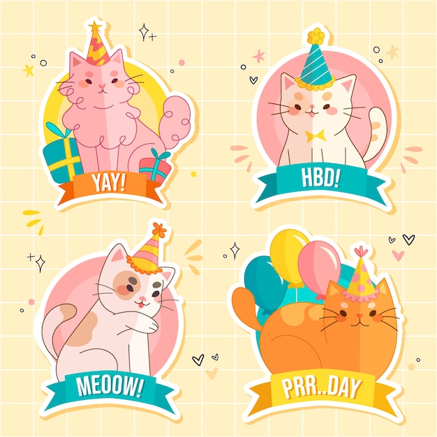 Coleção ilustrada de adesivos de gatinhos de aniversário