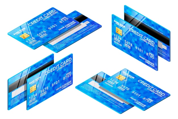 Coleção isométrica de cartão de crédito azul
