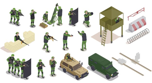 Coleção isométrica de soldado de armas do exército de ícones de personagens humanos isolados de barreiras e ilustração vetorial de veículos militares armados