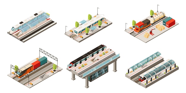 Vetor grátis coleção isométrica de transporte ferroviário moderno com trens de carga e passageiros isolados