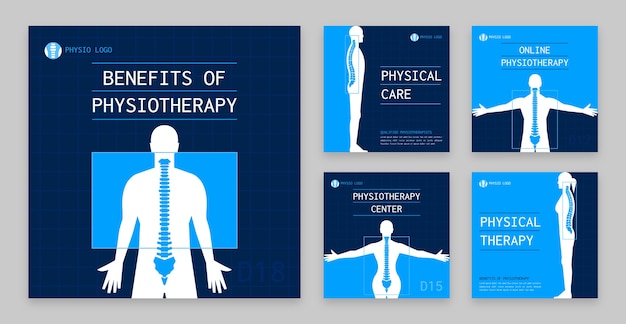 Vetor grátis coleção mínima de postagens do instagram de fisioterapeuta plana