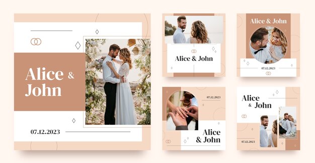 Coleção mínima plana de postagens do instagram de casamento