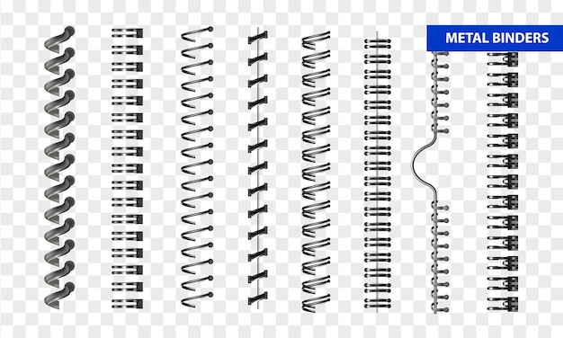 Coleção monocromática de fichários de metal realista para bloco de álbum de bloco de notas de documento em ilustração vetorial isolada de fundo transparente