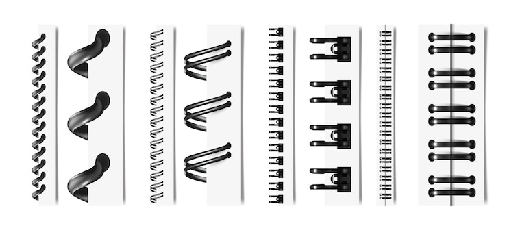 Vetor grátis coleção monocromática de pastas de metal diferentes para documentos de escritório e pastas em ilustração vetorial isolada de fundo branco