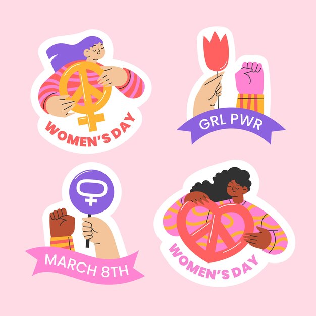Coleção plana de adesivos do dia da mulher
