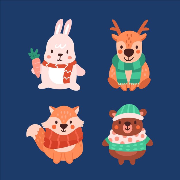 Coleção plana de animais de inverno desenhada à mão