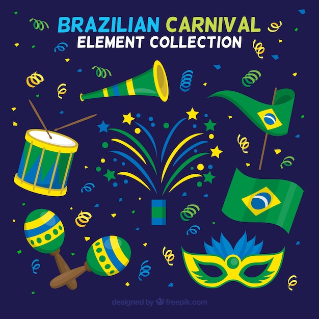 Coleção plana de elementos de carnaval brasileiros
