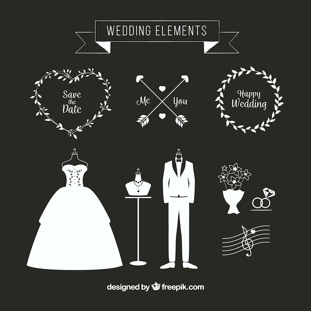 Coleção plana de elementos de casamento