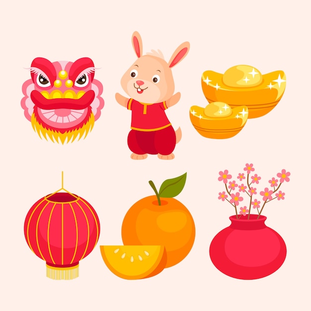 Vetor grátis coleção plana de elementos de celebração do festival do ano novo chinês