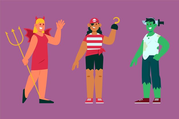 Coleção plana de fantasias de halloween desenhada à mão
