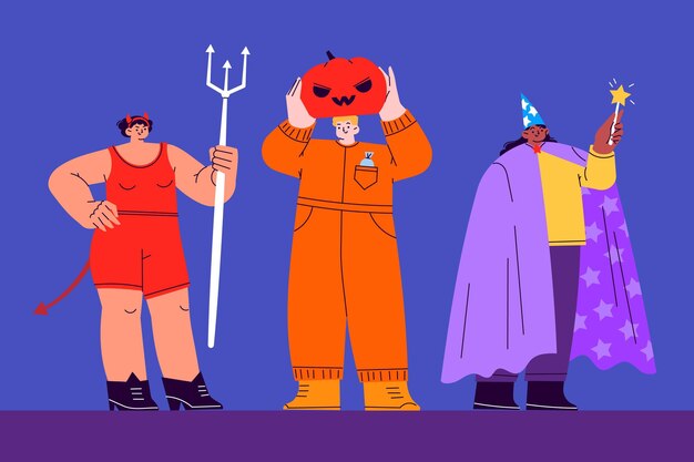 Coleção plana de fantasias de halloween desenhada à mão