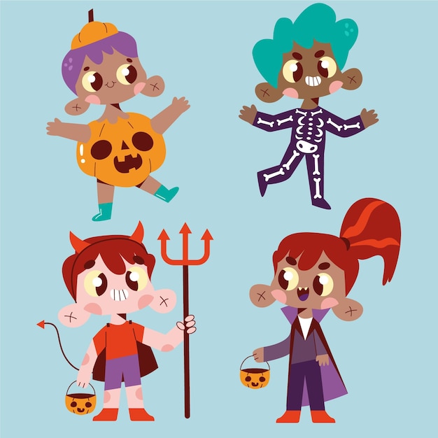 Coleção plana de fantasias de halloween desenhada à mão