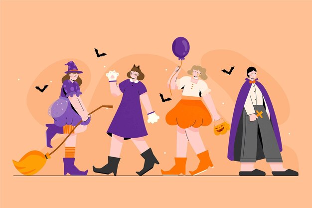 Coleção plana de fantasias de halloween desenhada à mão