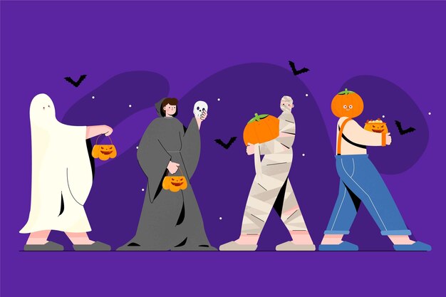 Coleção plana de fantasias de halloween desenhada à mão