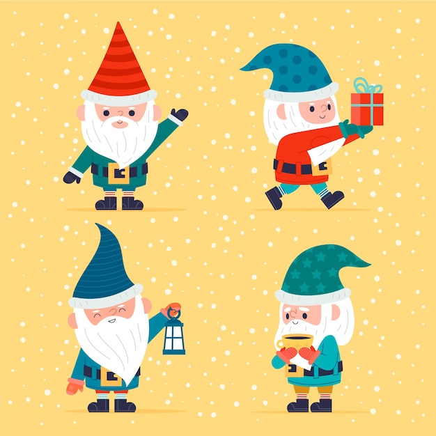 Coleção plana de gnomos de natal desenhada à mão