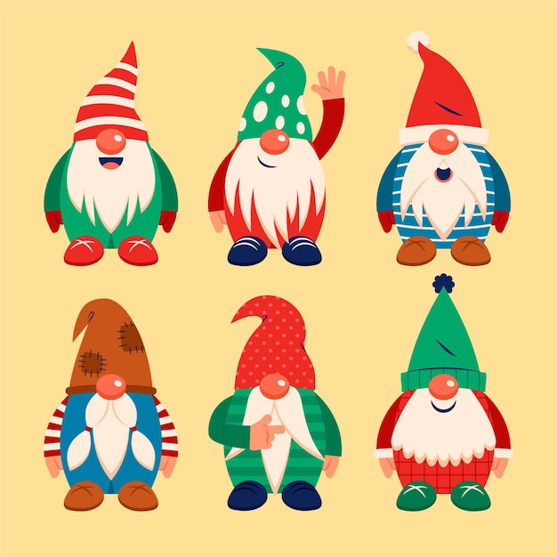 Coleção plana de gnomos de natal desenhada à mão