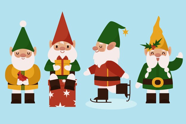 Coleção plana de gnomos de natal desenhada à mão