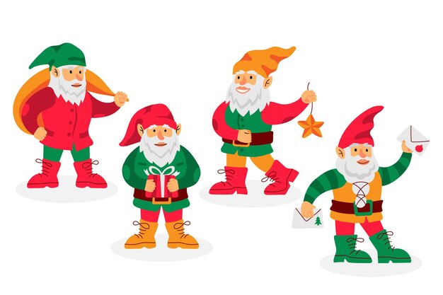Coleção plana de gnomos de natal desenhada à mão