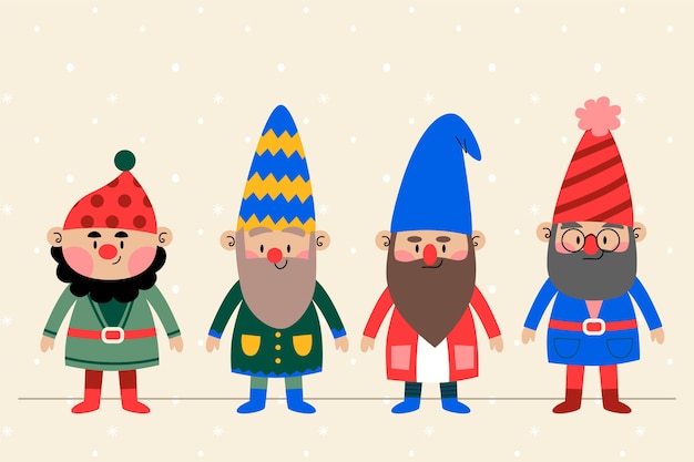 Coleção plana de gnomos de natal desenhada à mão