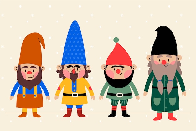 Coleção plana de gnomos de natal desenhada à mão