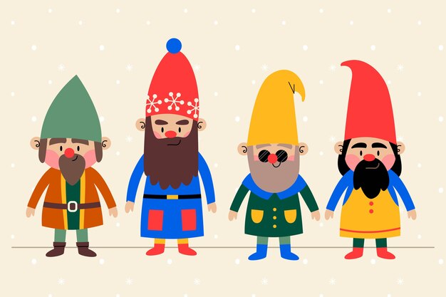 Coleção plana de gnomos de natal desenhada à mão