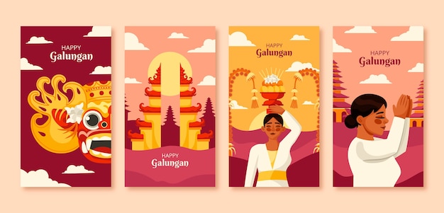 Vetor grátis coleção plana de histórias do instagram galungan