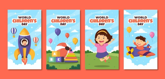 Coleção plana de histórias do instagram para celebração do dia mundial da criança com crianças brincando