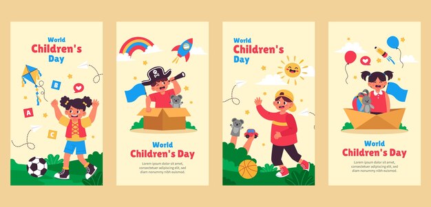 Coleção plana de histórias do instagram para celebração do dia mundial da criança