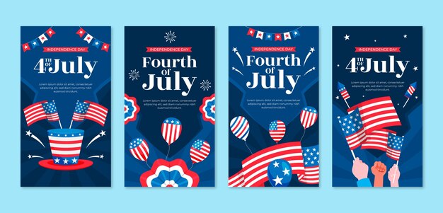 Coleção plana de histórias do instagram para celebração do feriado americano de 4 de julho