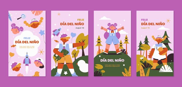 Coleção plana de histórias do instagram para comemoração do dia das crianças em espanhol
