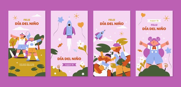 Coleção plana de histórias do instagram para comemoração do dia das crianças em espanhol