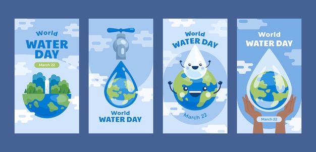 Vetor grátis coleção plana de histórias do instagram para o dia mundial da água