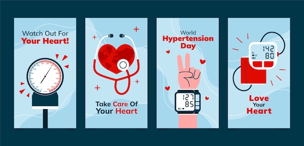 Vetor grátis coleção plana de histórias do instagram para o dia mundial da hipertensão