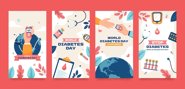 Vetor grátis coleção plana de histórias do instagram para o dia mundial do diabetes com teste de açúcar no sangue