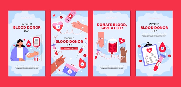 Vetor grátis coleção plana de histórias do instagram para o dia mundial do doador de sangue