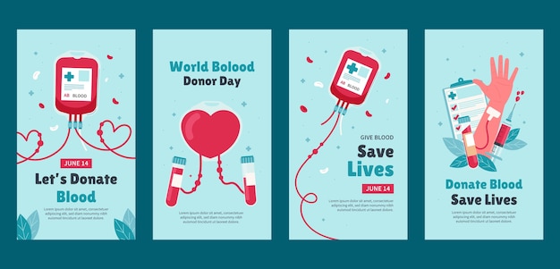 Vetor grátis coleção plana de histórias do instagram para o dia mundial do doador de sangue