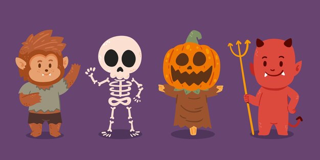 Coleção plana de personagens de halloween desenhada à mão