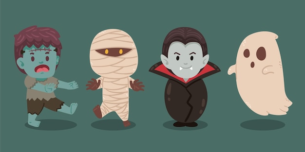 Coleção plana de personagens de halloween desenhada à mão