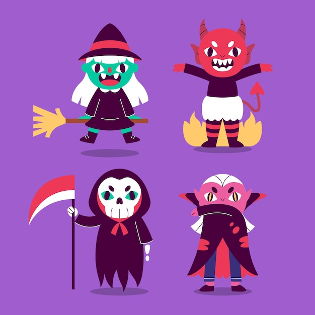 Coleção plana de personagens de halloween desenhada à mão