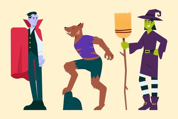 Vetor grátis coleção plana de personagens de halloween desenhada à mão