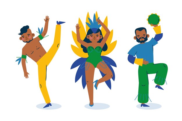 Coleção plana de personagens do carnaval brasileiro