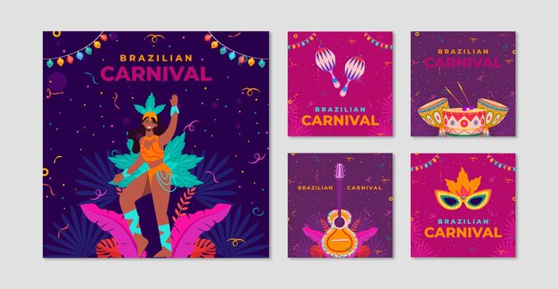 Coleção plana de postagens do instagram de celebração do carnaval brasileiro