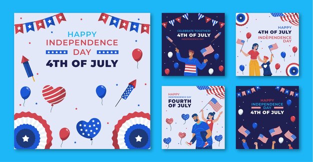 Coleção plana de postagens do instagram para a celebração do feriado americano de 4 de julho