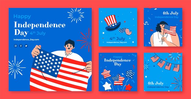 Coleção plana de postagens do instagram para a celebração do feriado americano de 4 de julho