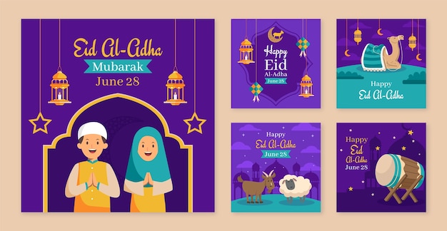 Vetor grátis coleção plana de postagens do instagram para a celebração islâmica do eid al-adha