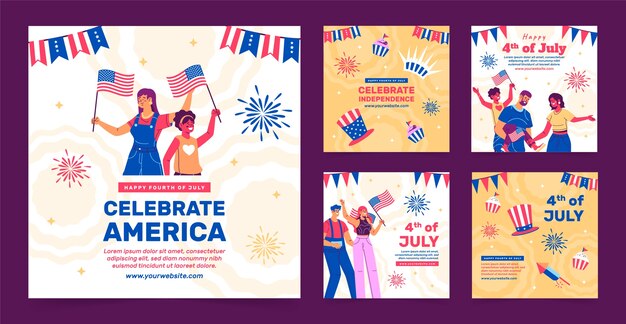 Coleção plana de postagens do instagram para celebração americana de 4 de julho