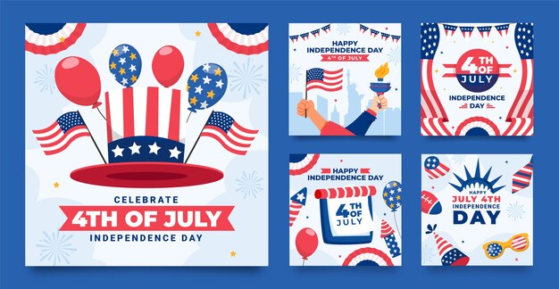 Coleção plana de postagens do instagram para celebração americana de 4 de julho