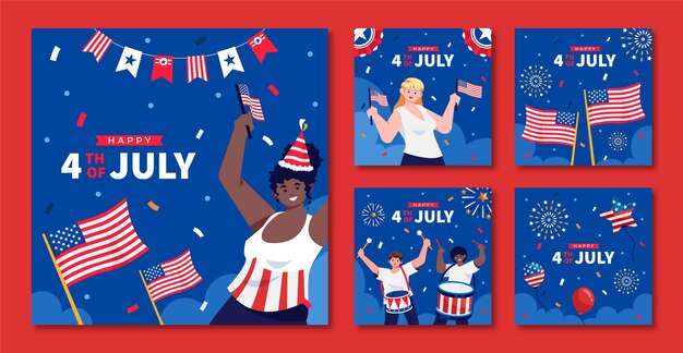 Coleção plana de postagens do instagram para celebração americana de 4 de julho