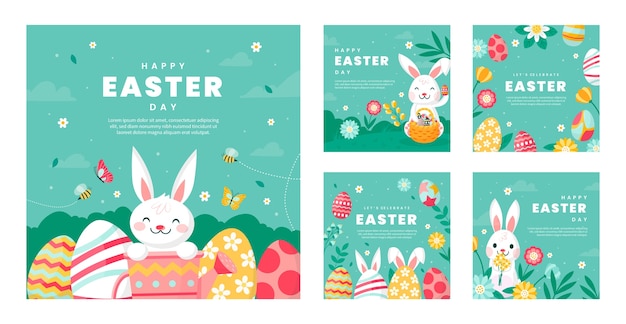 Vetor grátis coleção plana de postagens do instagram para celebração da páscoa