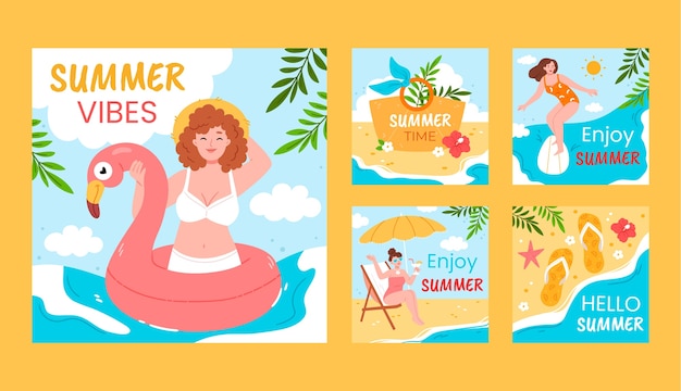 Coleção plana de postagens do instagram para celebração da temporada de verão